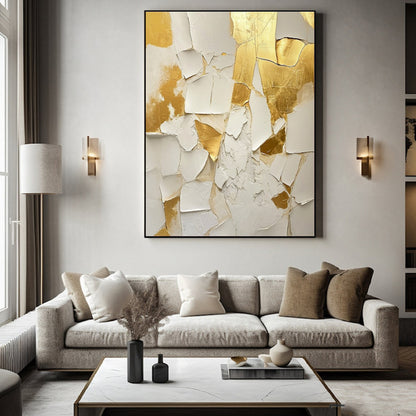 Handmade Abstract Oil Painting — Golden &amp; White Texture
