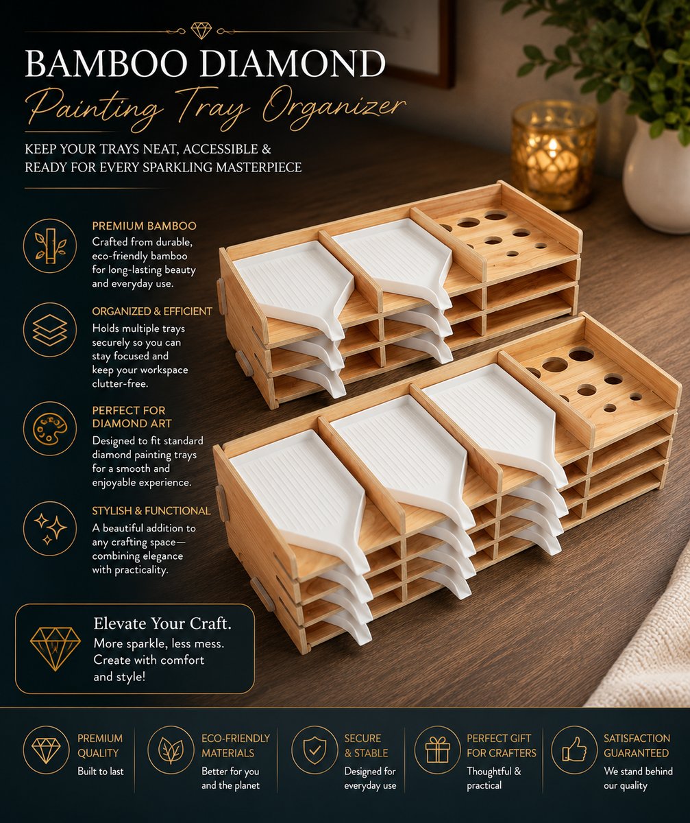 Two bamboo diamond painting tray organizers stacked with white trays and a pen holder section