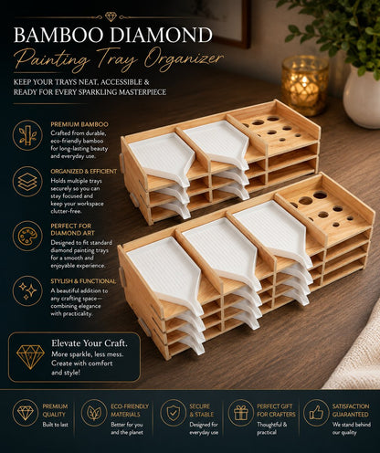 Two bamboo diamond painting tray organizers stacked with white trays and a pen holder section
