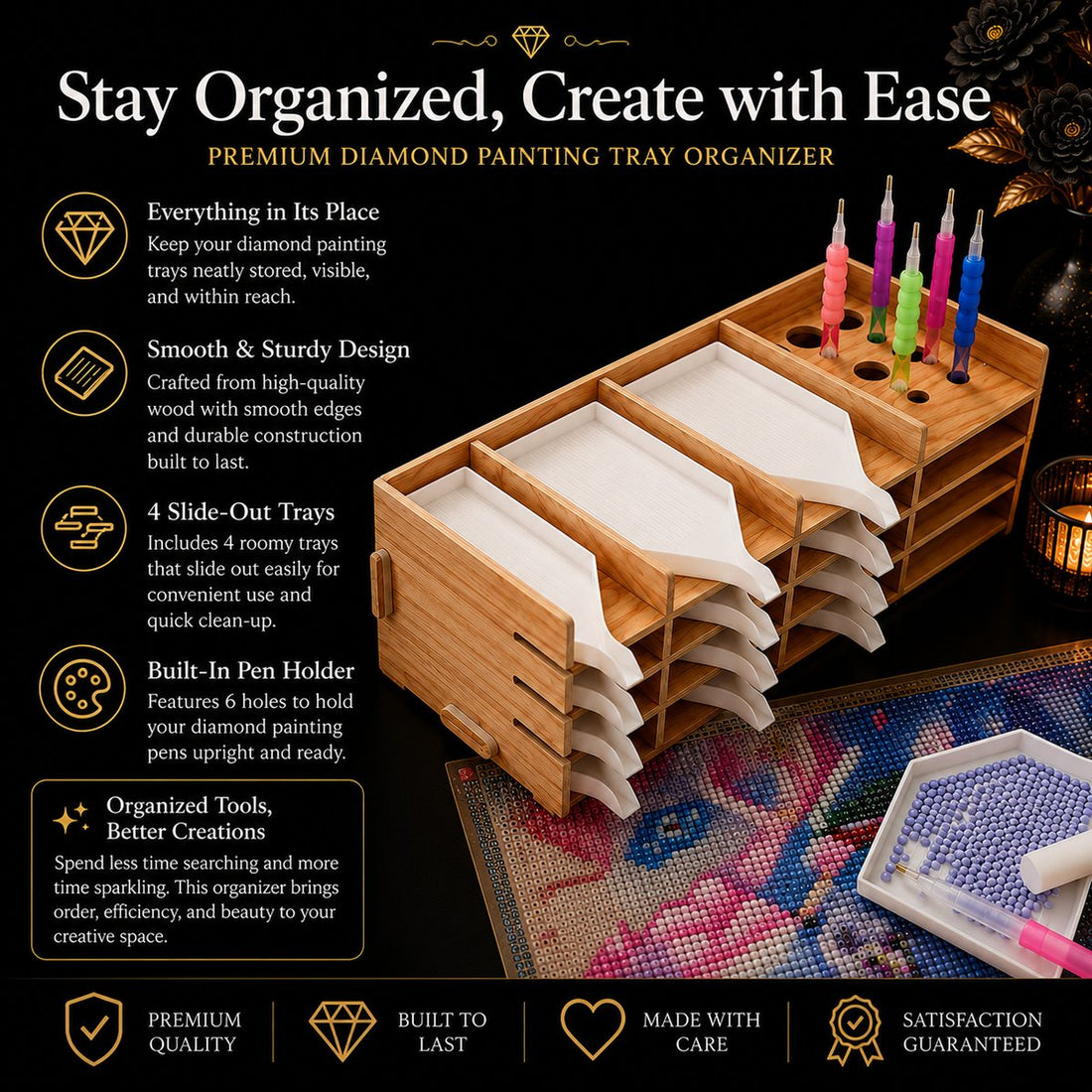 Bamboo tray organizer with dimensions 265 by 100 by 76 millimeters, shown with drill pens