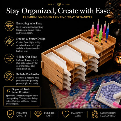 Bamboo tray organizer with dimensions 265 by 100 by 76 millimeters, shown with drill pens