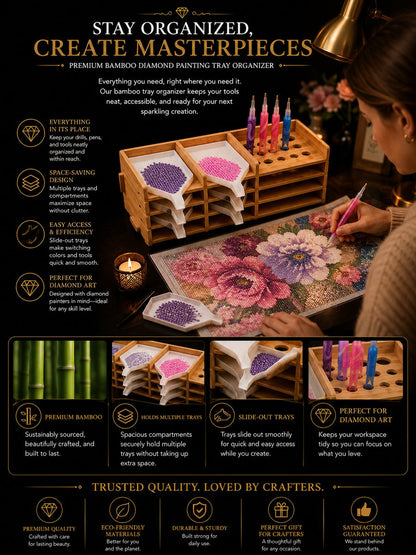 Woman working on a floral diamond painting next to her bamboo tray organizer filled with purple and pink diamonds