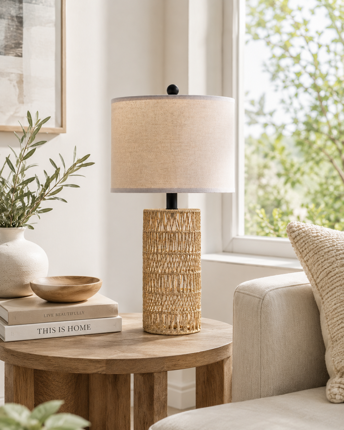 Handwoven rattan table lamp on wooden side table in bright boho living room — natural linen shade daytime — Azurra Shop