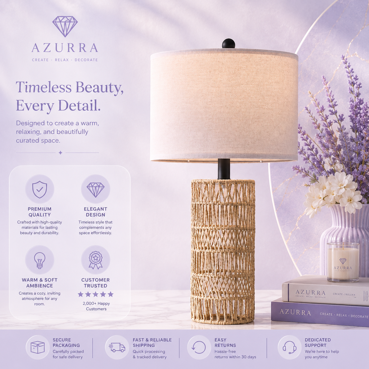 Handwoven rattan table lamp on styled lavender vanity — warm boho lighting with linen shade — Azurra Shop