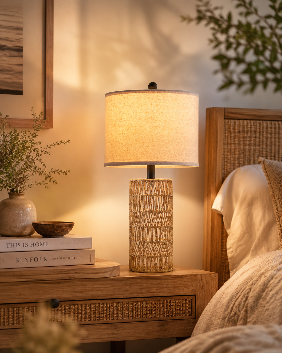 Handwoven rattan table lamp glowing on bedroom nightstand — cozy boho ambiance with warm evening light — Azurra Shop