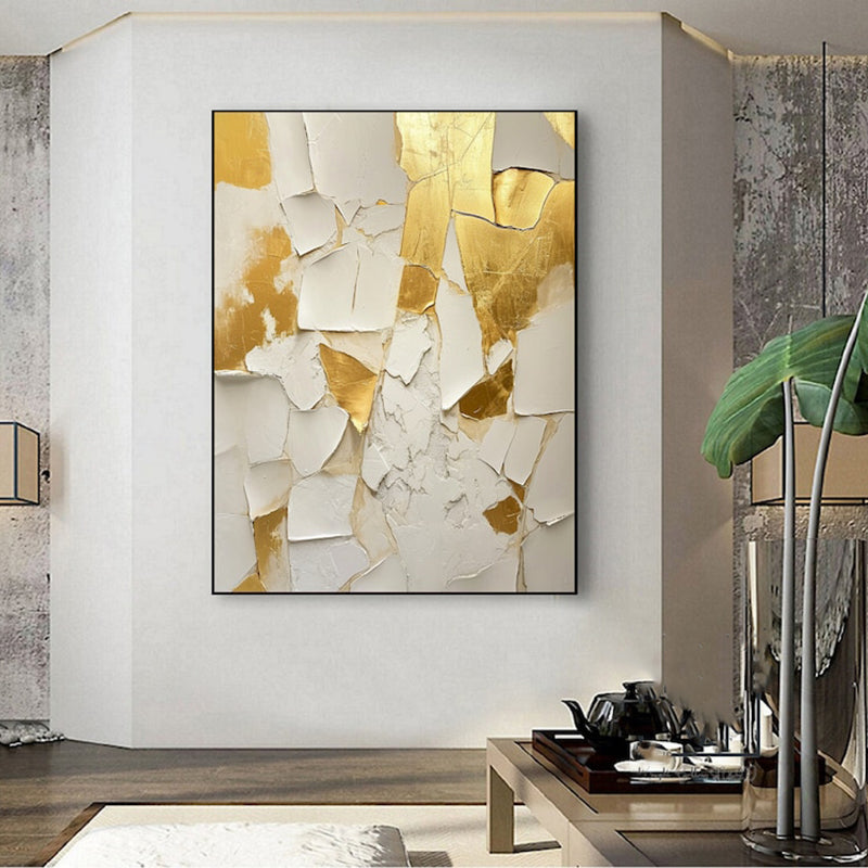 Handmade Abstract Oil Painting — Golden &amp; White Texture