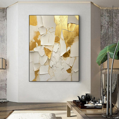 Handmade Abstract Oil Painting — Golden &amp; White Texture