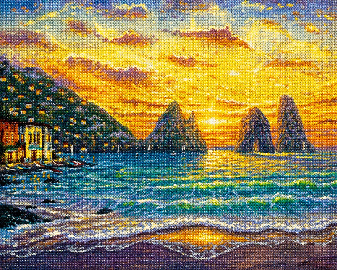 Close up of the finished Mediterranean sea stack sunset diamond painting with sparkling drills | Azurra Shop