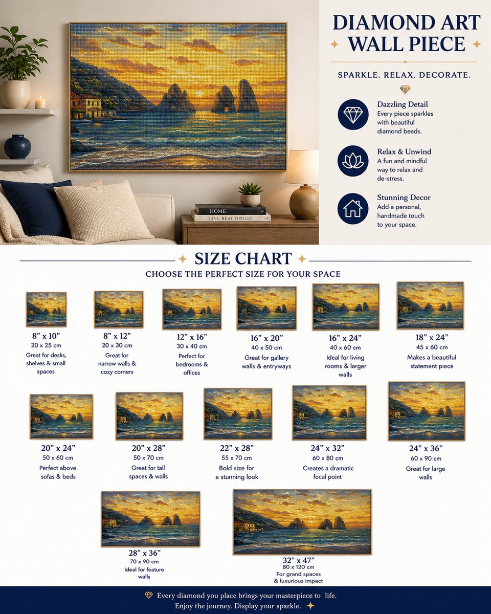Framed Mediterranean sea stack sunset diamond painting displayed in a cozy living room | Azurra Shop