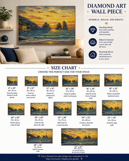 Framed Mediterranean sea stack sunset diamond painting displayed in a cozy living room | Azurra Shop