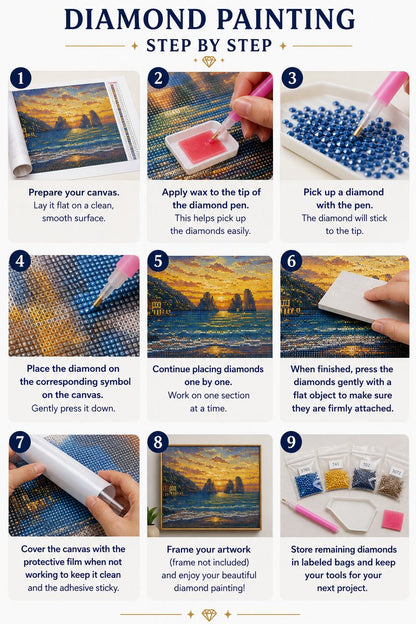 Step by step guide showing how to complete the Mediterranean sea stack sunset diamond painting | Azurra Shop