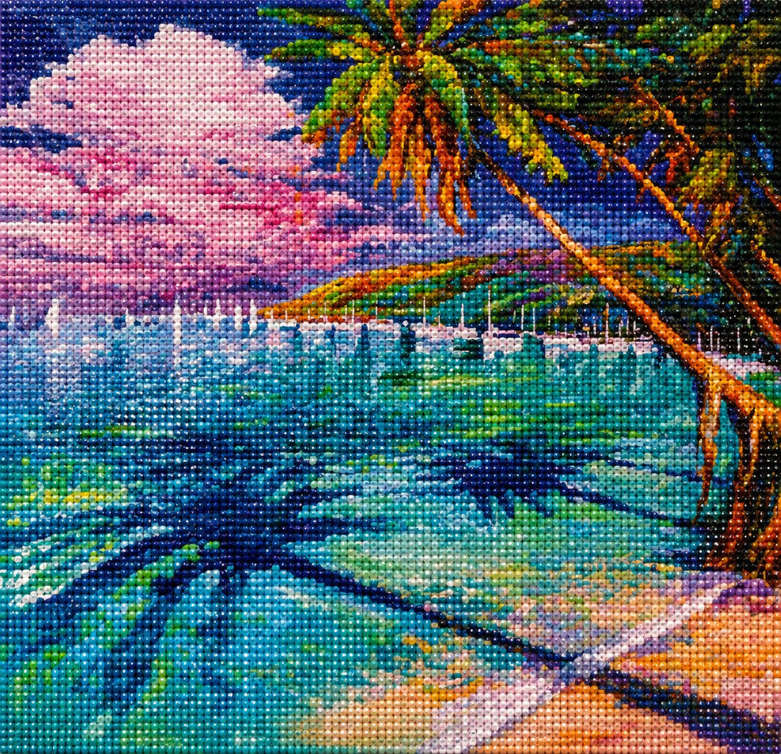 Close up of the finished tropical beach palm tree diamond painting with sparkling drills | Azurra Shop