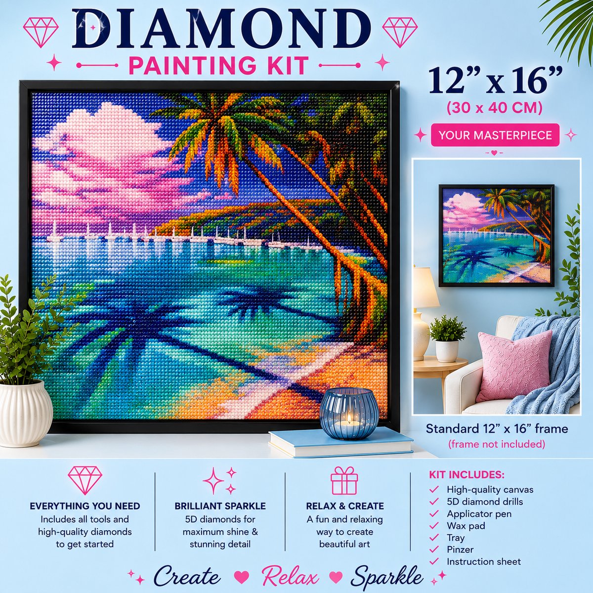 Framed tropical beach palm tree diamond painting displayed in a cozy living room | Azurra Shop