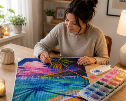 Working on the tropical beach palm tree kit at a cozy desk with drill tools nearby | Azurra Shop