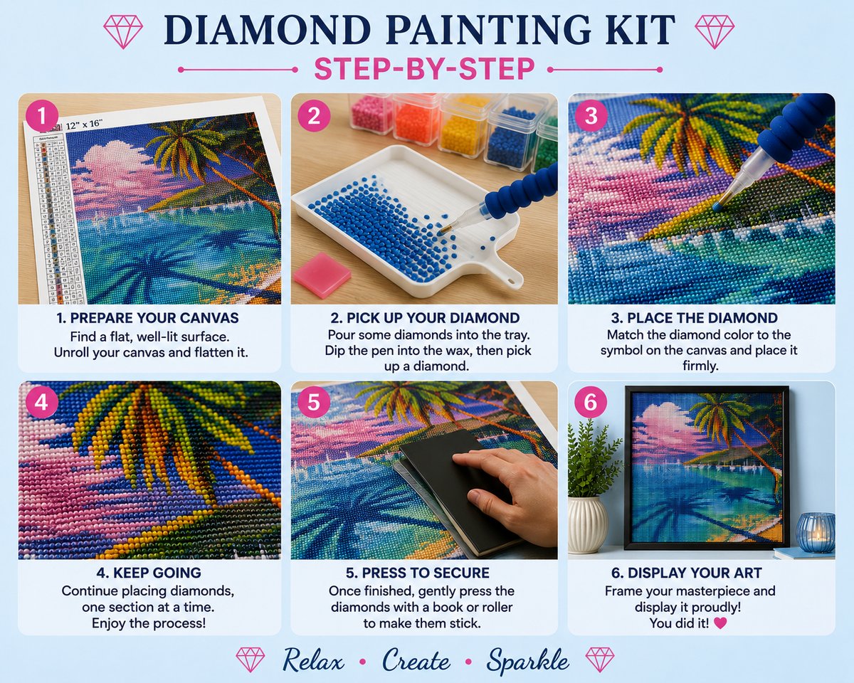 Step by step guide showing how to complete the tropical beach palm tree diamond painting | Azurra Shop