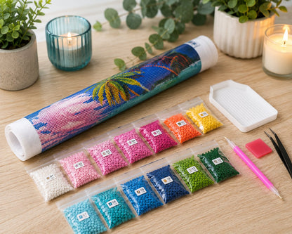 Rolled canvas and supplies for the tropical beach palm tree kit, including drill packets, applicator pen, and wax pad | Azurra Shop