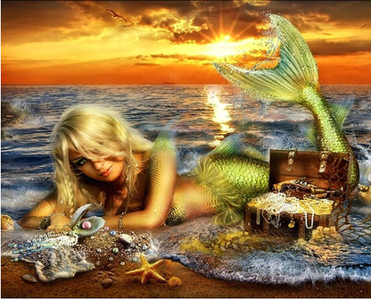 Sunset Mermaid Diamond Painting - 5D DIY Resin Drill Kit, 3 Sizes from 12"x16" to 20"x24" | Azurra Shop