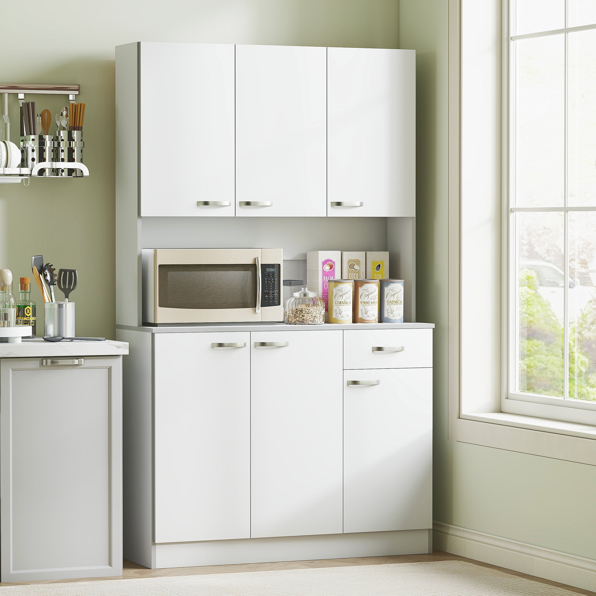 71" White Kitchen Pantry Cabinet with Microwave Stand — 6 doors, 3 adjustable shelves, drawer, 39.75"W x 15.25"D x 70.75"H — Azurra Shop