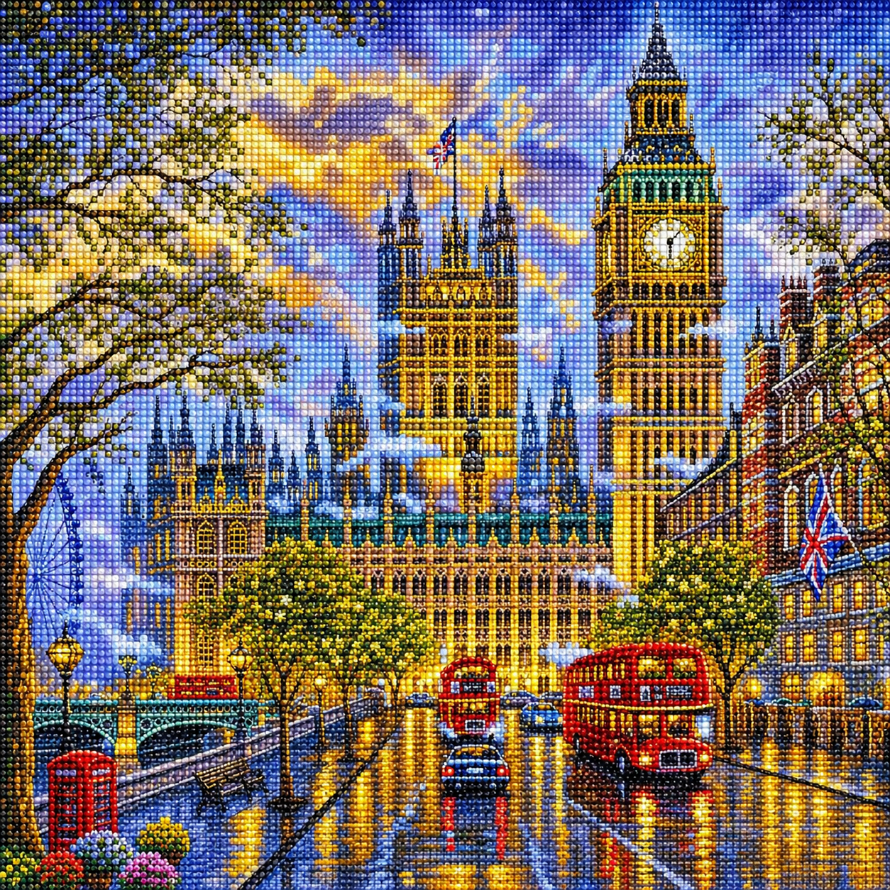 Finished Big Ben and Houses of Parliament diamond painting kit artwork with red double decker buses at golden hour | Azurra Shop