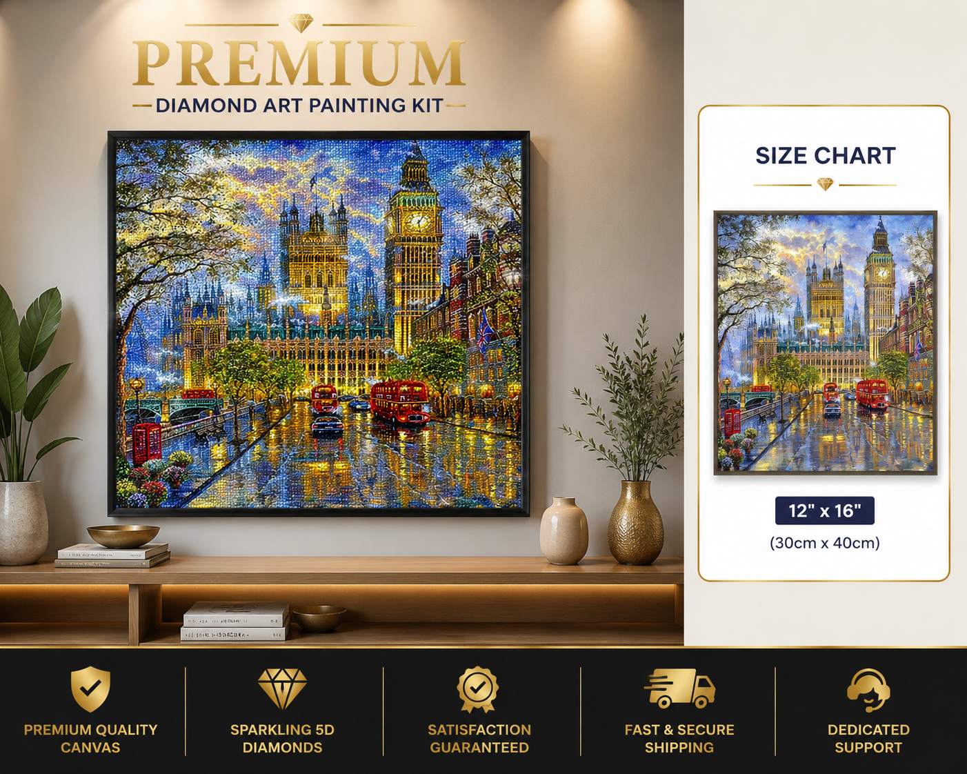 Big Ben and Houses of Parliament diamond painting kit framed artwork displayed on a wall | Azurra Shop