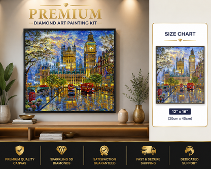 Big Ben and Houses of Parliament diamond painting kit framed artwork displayed on a wall | Azurra Shop
