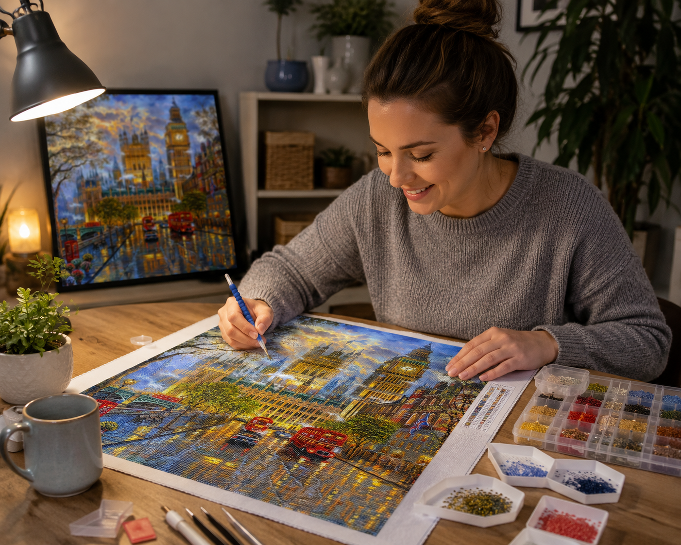 Working on the Big Ben and Houses of Parliament diamond painting kit at a cozy desk | Azurra Shop