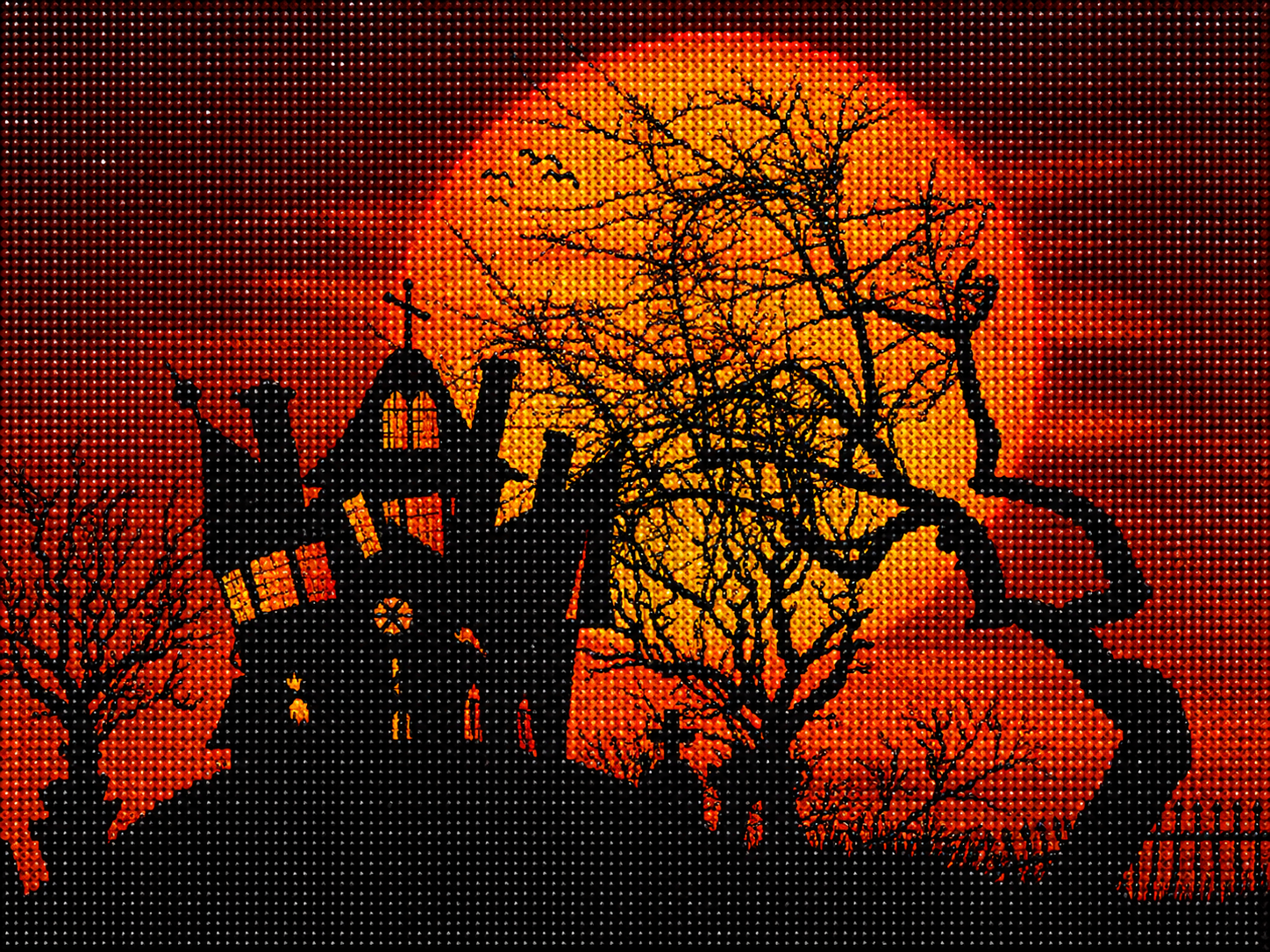 Blood Moon &amp; Haunted House Halloween Diamond Painting Kit – completed 5D diamond art close-up featuring a silhouette of a crumbling haunted mansion and gnarled bare trees against a massive glowing blood moon in deep red, orange, and amber tones with bats circling overhead on a dark red background
