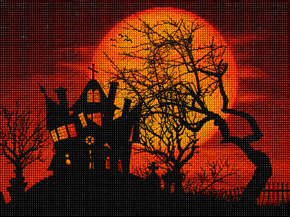 Blood Moon &amp; Haunted House Halloween Diamond Painting Kit – completed 5D diamond art close-up featuring a silhouette of a crumbling haunted mansion and gnarled bare trees against a massive glowing blood moon in deep red, orange, and amber tones with bats circling overhead on a dark red background
