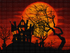 Blood Moon & Haunted House Halloween Diamond Painting Kit – completed 5D diamond art close-up featuring a silhouette of a crumbling haunted mansion and gnarled bare trees against a massive glowing blood moon in deep red, orange, and amber tones with bats circling overhead on a dark red background

