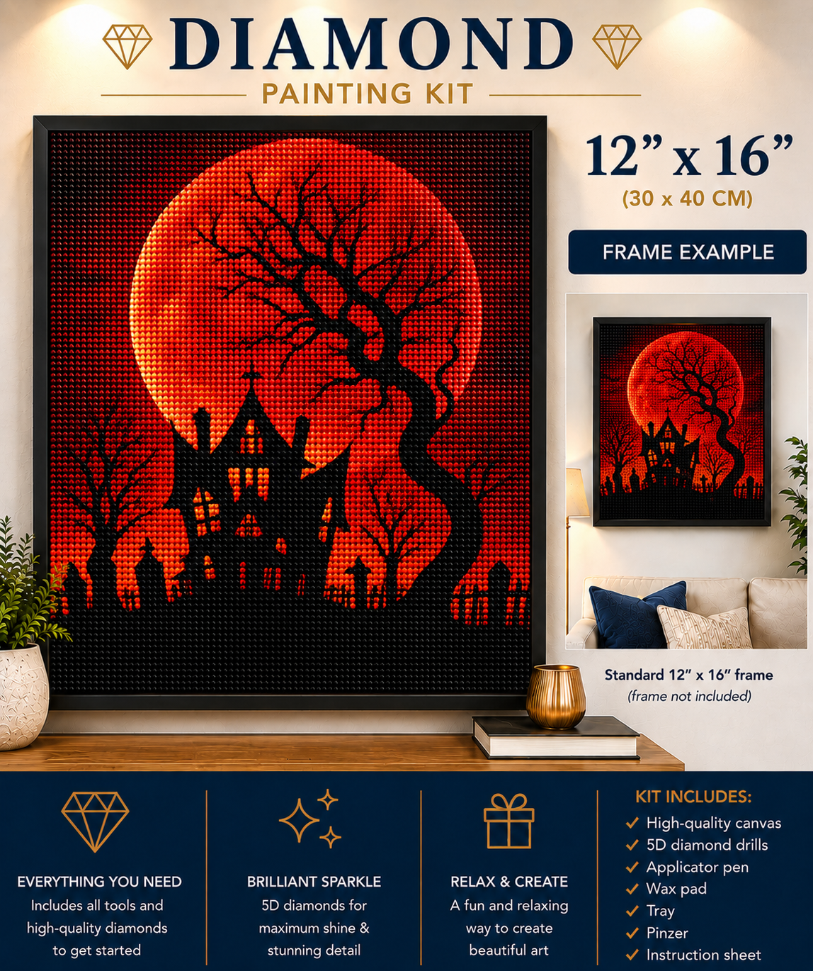 Blood Moon &amp; Haunted House Halloween Diamond Painting Kit – large framed 12"x16" (30x40cm) diamond art of the blood moon haunted house scene displayed on a wood console with candle, pumpkin, stacked books, and potted plant, with a smaller framed version shown above a living room sofa with rust orange pillow, and kit callouts for everything you need, brilliant 5D diamond sparkle, and relax and create, plus kit contents list including high-quality canvas, 5D diamond drills, applicator pen, wax pad, tray, pinz
