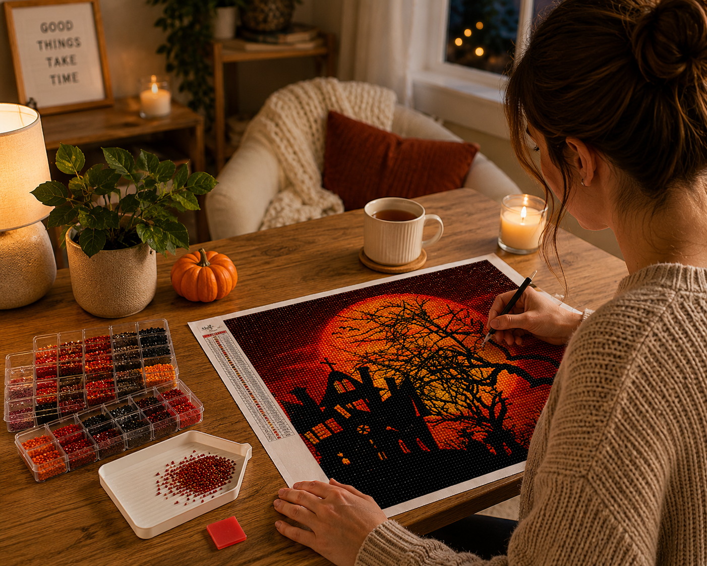 Blood Moon &amp; Haunted House Halloween Diamond Painting Kit – woman in cozy knit sweater placing diamond drills on large blood moon haunted house canvas at warm wood table with multi-compartment diamond organizer in red, orange, and black tones, white sorting tray with red drills, red wax pad, black applicator pen, tea mug, candle, small pumpkin, potted plant, table lamp, and "Good Things Take Time" sign in soft autumn evening lighting
