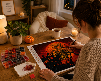 Blood Moon &amp; Haunted House Halloween Diamond Painting Kit – woman in cozy knit sweater placing diamond drills on large blood moon haunted house canvas at warm wood table with multi-compartment diamond organizer in red, orange, and black tones, white sorting tray with red drills, red wax pad, black applicator pen, tea mug, candle, small pumpkin, potted plant, table lamp, and "Good Things Take Time" sign in soft autumn evening lighting

