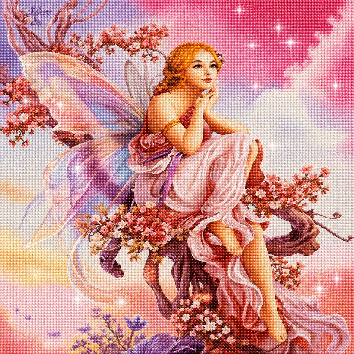 Finished blossom fairy diamond painting with a fairy in a pink dress sitting among pink blossom branches against a pink sky | Azurra Shop