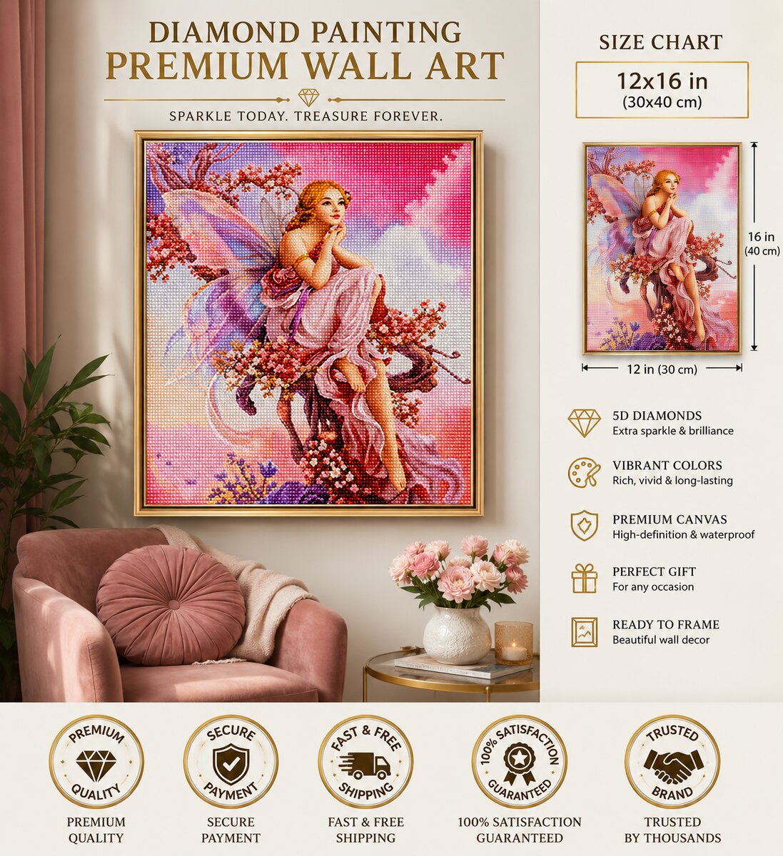 Blossom fairy diamond painting framed on a wall, available in a 12 by 16 inch size | Azurra Shop