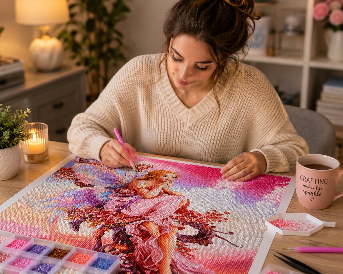 Woman placing diamonds on the blossom fairy canvas at a desk with coffee and a candle | Azurra Shop