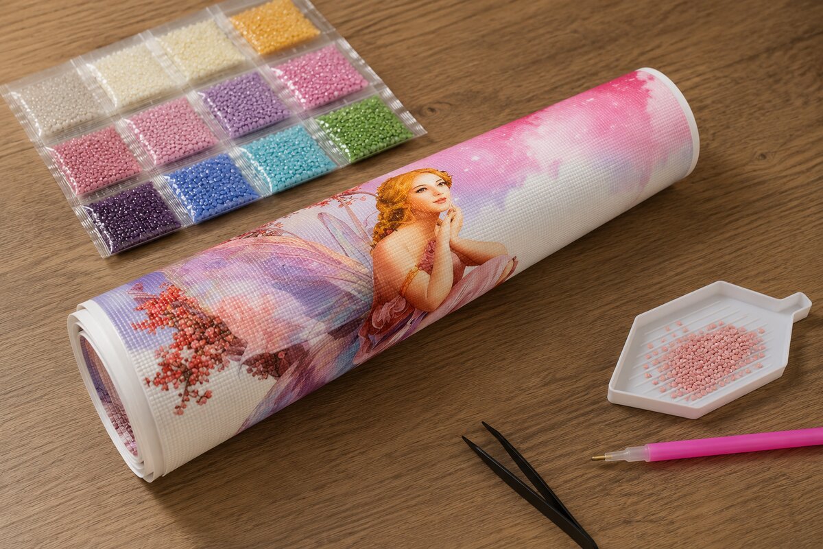 Diamond painting kit supplies including rolled canvas, sorted diamond bags, applicator pen, and tweezers | Azurra Shop