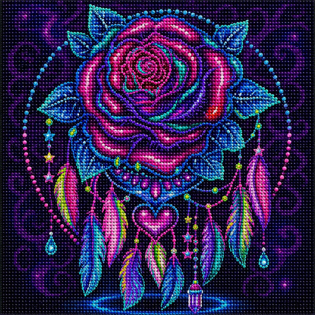 Finished rose dreamcatcher diamond painting with a magenta and teal rose, hanging feathers, and a beaded heart on deep purple | Azurra Shop