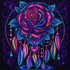 Finished rose dreamcatcher diamond painting with a magenta and teal rose, hanging feathers, and a beaded heart on deep purple | Azurra Shop