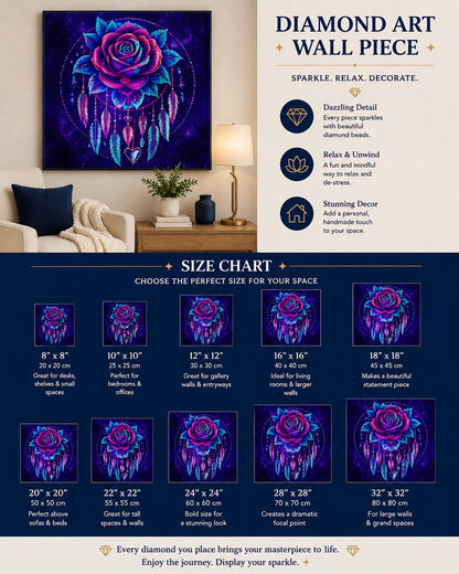 Rose dreamcatcher diamond painting framed on a wall above a chair with a navy pillow and lamp, with a size chart showing 8 by 8 up to 32 by 32 inch options | Azurra Shop