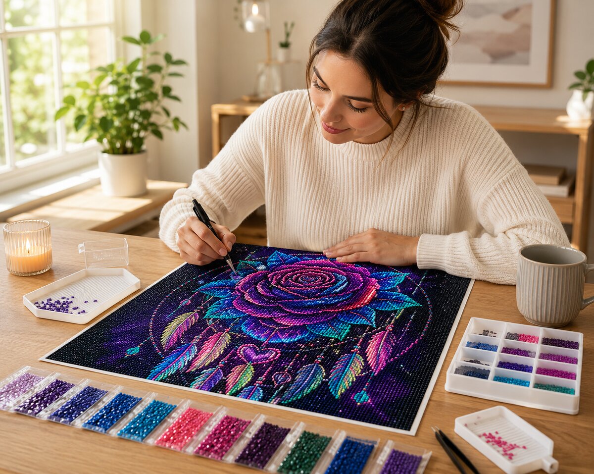 Woman placing diamonds on the rose dreamcatcher canvas at a desk with a candle and diamond sorting trays | Azurra Shop