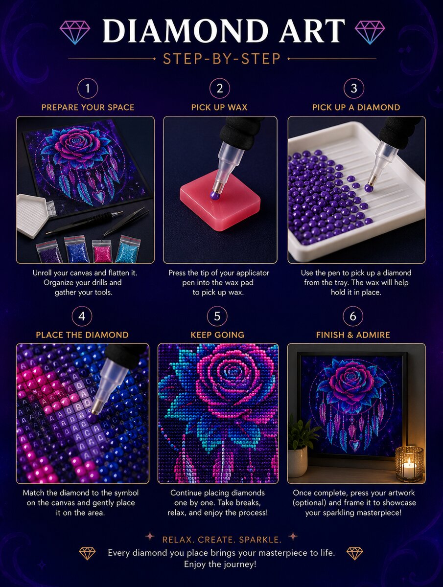 Six step instructions for completing a diamond painting kit from preparing your space to finishing and admiring the art | Azurra Shop