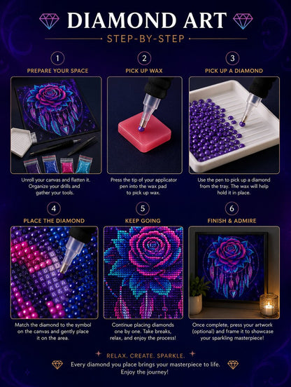 Six step instructions for completing a diamond painting kit from preparing your space to finishing and admiring the art | Azurra Shop