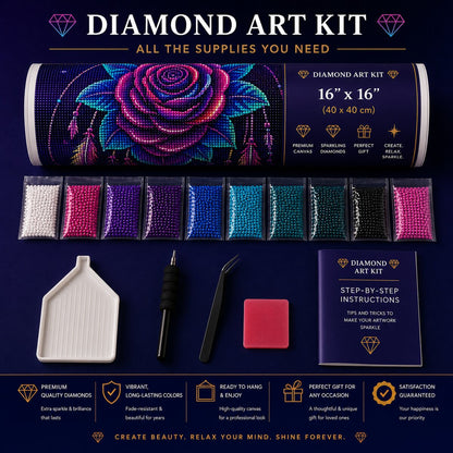 Diamond art kit supplies including rolled canvas, sorted diamond bags, applicator pen, tray, and tweezers | Azurra Shop