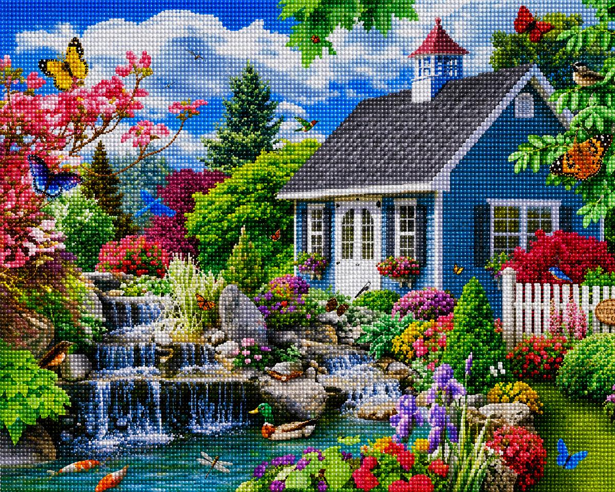Close up of the finished stone cottage church and wildflower stream diamond painting with sparkling drills | Azurra Shop