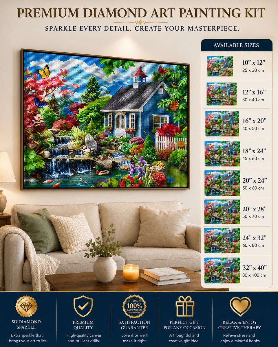 Framed stone cottage church and wildflower stream diamond painting displayed above a cream sofa with available sizes shown | Azurra Shop