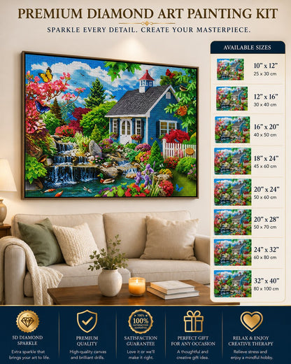 Framed stone cottage church and wildflower stream diamond painting displayed above a cream sofa with available sizes shown | Azurra Shop