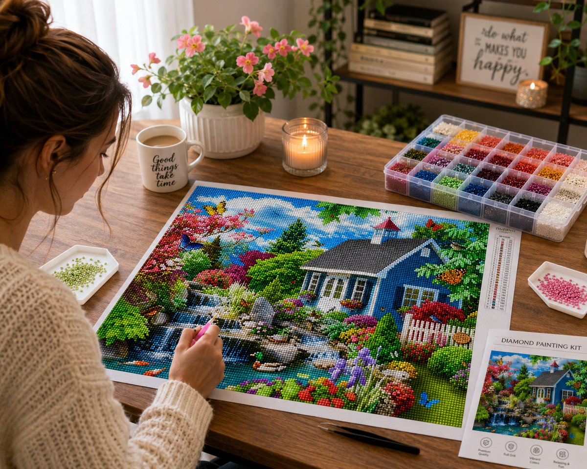 Woman working on the stone cottage church and wildflower stream diamond painting kit at a warm wooden desk with a drill organizer, candle, and mug | Azurra Shop