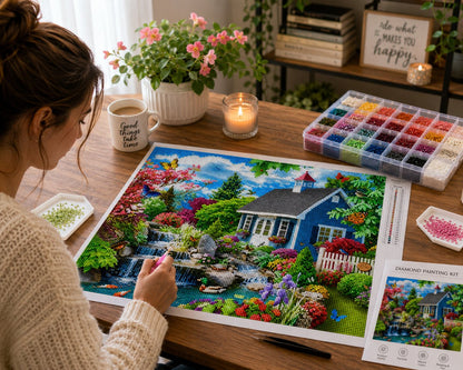 Woman working on the stone cottage church and wildflower stream diamond painting kit at a warm wooden desk with a drill organizer, candle, and mug | Azurra Shop