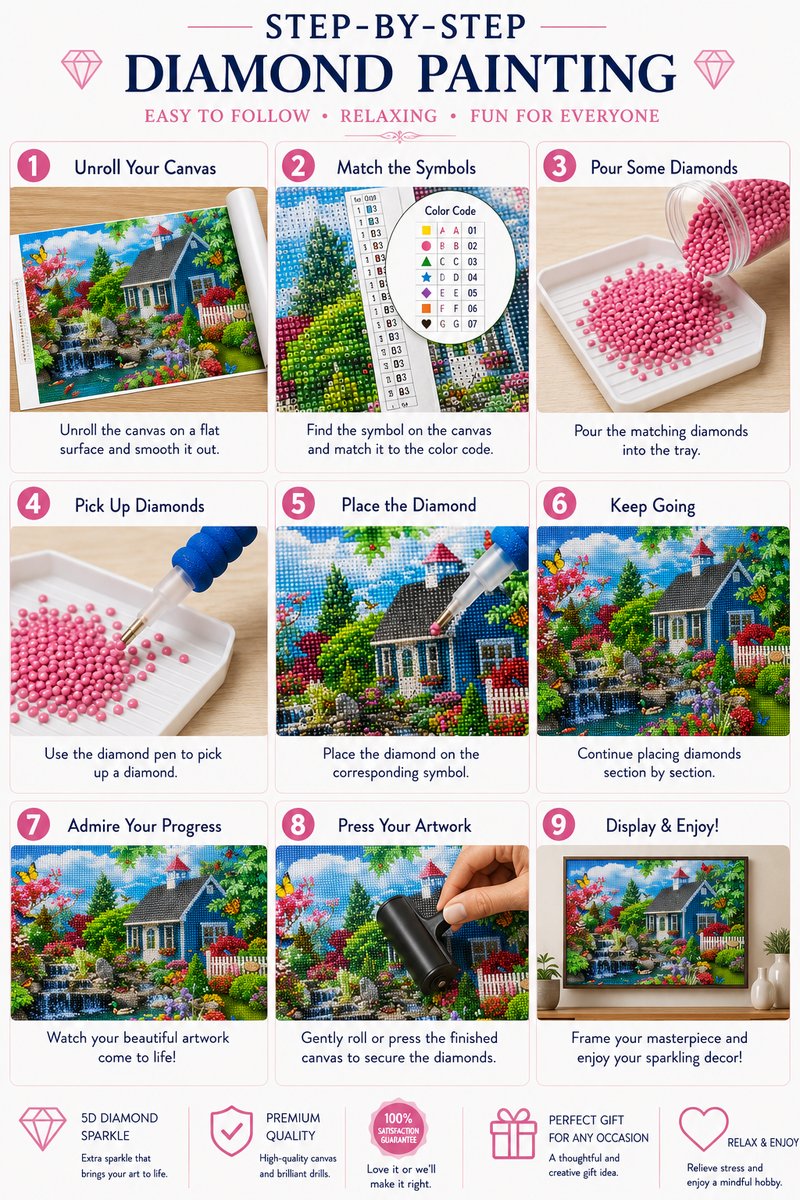 Nine step guide showing how to complete the stone cottage church and wildflower stream diamond painting | Azurra Shop
