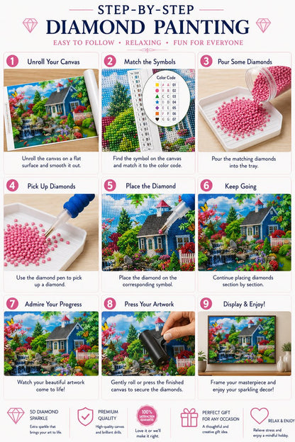 Nine step guide showing how to complete the stone cottage church and wildflower stream diamond painting | Azurra Shop